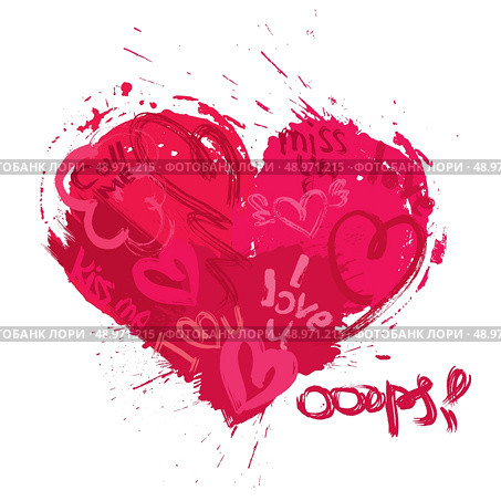 Heart shape is made of brush strokes and scribbles and words I LOVE YOU, miss you, call me - element for Valentines Day or wedding design. Стоковая иллюстрация, агентство Ingram Publishing / Фотобанк Лори