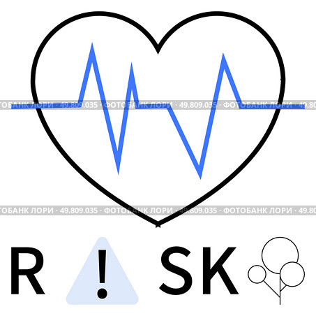 Heart shape with heartbeat line, bold letters R and SK, exclamation mark in triangle, and two balloons. Ideal for health awareness, medical risks, cardiology, safety warnings, healthcare preventive. Heartbeat Line within Heart Shape Highlighting Health Risks and Concerns. Стоковая иллюстрация, агентство Ingram Publishing / Фотобанк Лори