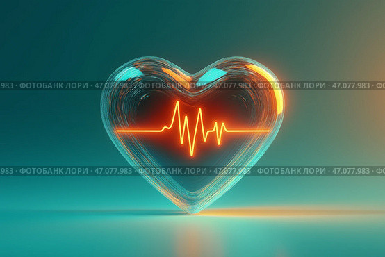 Heart shaped glass with a glowing heartbeat line reflects health and vitality. Полупрозрачное сердце из стекла демонстрирует яркую оранжевую линию сердцебиения, светящуюся внутри. Фон имеет успокаивающий градиент, наводящий на мысли о здоровье и благополучии. Стоковое AI-изображение, AI-художник Katsiaryna Repich / Фотобанк Лори
