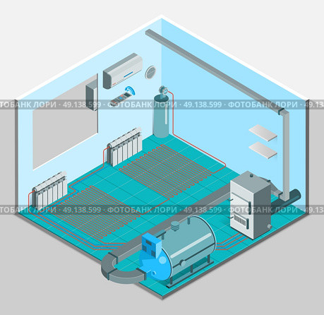 Heating Cooling System Interior Isometric Template. Heating cooling system interior isometric template with conditioner compressor heater boiler in flat style isolated vector illustration. Стоковая иллюстрация, агентство Ingram Publishing / Фотобанк Лори