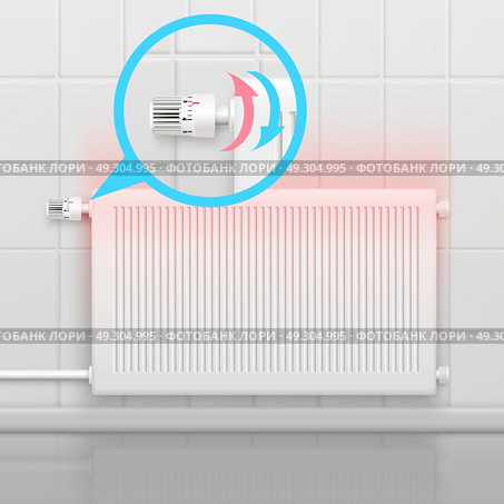 Heating Radiator Flat Concept. Radiator conceptual composition with flat image of heater battery and zoomed-in view of rotational water temperature regulator vector illustration. Стоковая иллюстрация, агентство Ingram Publishing / Фотобанк Лори