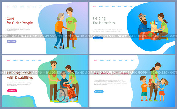 Helping people with disabilities and homeless vector, volunteers social workers caring for old lady and kids from orphan, children with toys book. Website or slider app, landing page flat style. Care for Older People, Person with Disabilities. Стоковая иллюстрация, агентство Ingram Publishing / Фотобанк Лори