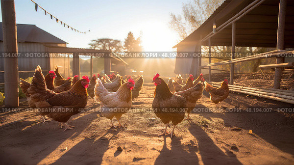 hens beautiful chicken farm ai generated. Стоковое AI-изображение, AI-художник Vectorwin / Фотобанк Лори