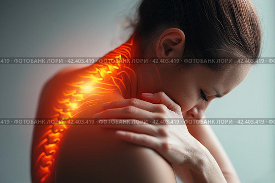 Hernia of the cervical spine, neck pain, woman suffering from backache, spondylosis of the intervertebral disc, health problems concept, AI Generated. Стоковое AI-изображение, AI-художник Станислав Тарко / Фотобанк Лори