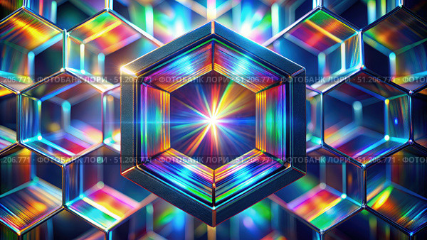 Hexagonal Multiscreen Prism Lens Effect With Chromatic Light Dispersion. Generative AI. Стоковое AI-изображение, AI-художник Roman Zavorotny / Фотобанк Лори