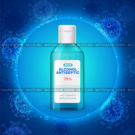 High alcohol concentration antiseptic sanitizer realistic green transparent plastic bottle against luminous blue virus background vector illustration. Стоковая иллюстрация, агентство Ingram Publishing / Фотобанк Лори