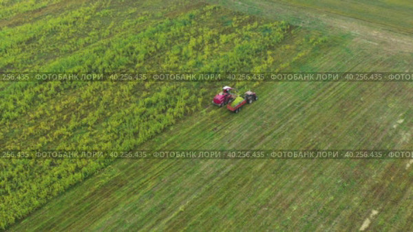 High Angle Flying around combine harvester removes crop from green field in tractor. Стоковое видео, видеограф Кирилл Трифонов / Фотобанк Лори