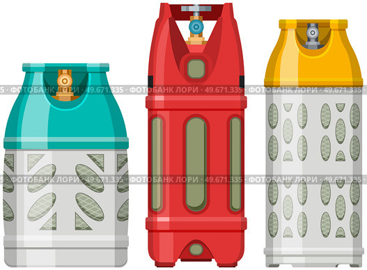 High cylinder, canister with fuel, storage for gas. Metal tank with liquefied compressed petroleum, propane. Pressurized gas cylinder, storage with tap for substance release vector illustration. High cylinder, canister with fuel, storage for gas. Metal tank with liquefied compressed substance. Стоковая иллюстрация, агентство Ingram Publishing / Фотобанк Лори