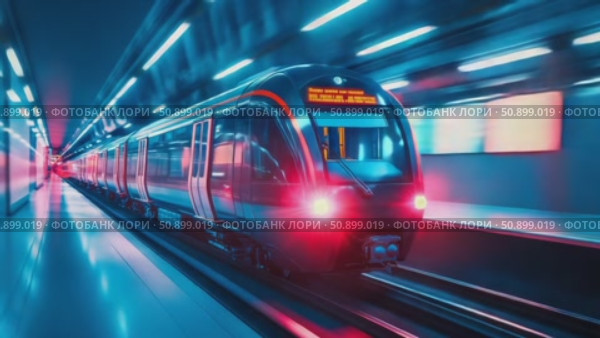 High-speed modern transit vehicle accelerating through a dynamically illuminated subterranean passage. Стоковое AI-видео, аниматор Данила Большаков / Фотобанк Лори