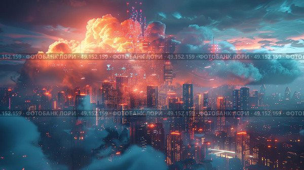 high-tech city where buildings are made of digital clouds, data streams connecting everything, Стоковое AI-изображение, AI-художник Anastasy Yarmolovich / Фотобанк Лори