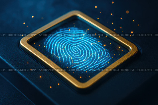 High-Tech Fingerprint Sensor with Glowing Design Showcasing Advanced Security Features and Digital Authentication Techniques for Enhanced Protection. Стоковое AI-изображение, AI-художник Башкирова Анна / Фотобанк Лори