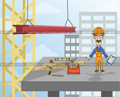 Highrise building construction worker with instruments standing on concrete platform vector illustration. Стоковая иллюстрация, агентство Ingram Publishing / Фотобанк Лори
