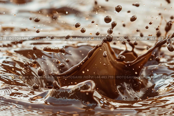 Highspeed capture of a dynamic chocolate splash with droplets suspended in air. Стоковое AI-изображение, AI-художник Иван Рябоконь / Фотобанк Лори