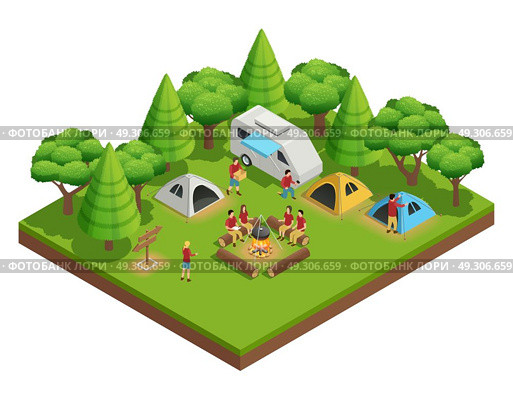 Hiking Isometric Composition. Hiking isometric composition with group of people who camped in the woods and sit around the campfire next to tents vector illustration. Стоковая иллюстрация, агентство Ingram Publishing / Фотобанк Лори