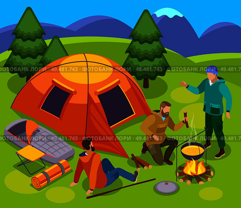 Hiking isometric composition with set tent campfire and group of male tourists in wild nature landscape vector illustration. Pitch Camp Outdoor Composition. Стоковая иллюстрация, агентство Ingram Publishing / Фотобанк Лори