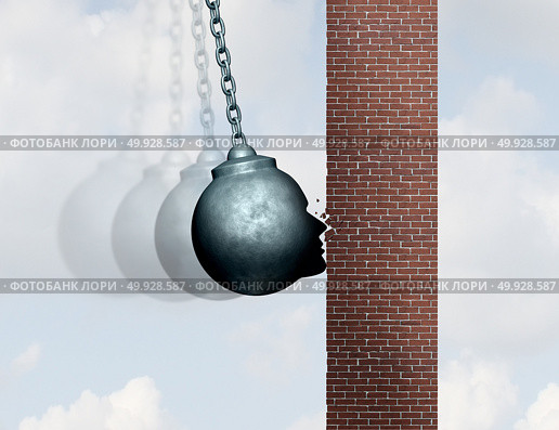 Hit a brick wall struggle concept as a wrecking ball shaped as a human head hitting an obstacle with 3D illustration elements. Стоковое фото, агентство Ingram Publishing / Фотобанк Лори