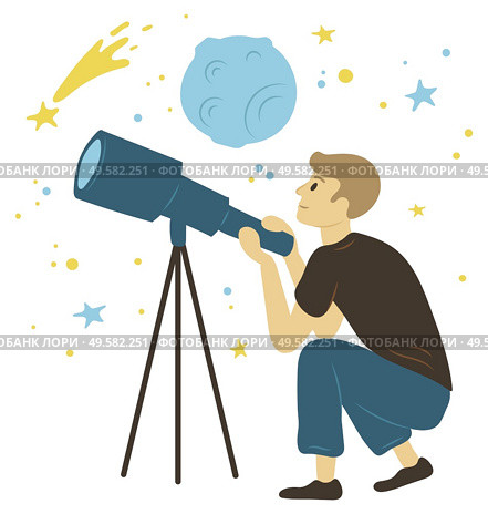 Hobby of researching and discovering planets, milky way and moon or asteroid. Side view of man character with telescope, looking through lens vector. Man Looking Through Lens, Astronomy Hobby Vector. Стоковая иллюстрация, агентство Ingram Publishing / Фотобанк Лори