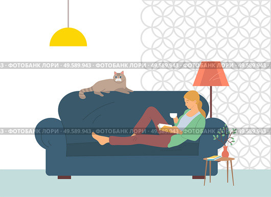 Hobby of woman, reading book, portrait view of female lying on sofa with literature and cup, domestic cat, house-plant on bedside table, living room vector. Female Reading Literature on Sofa, Hobby Vector. Стоковая иллюстрация, агентство Ingram Publishing / Фотобанк Лори