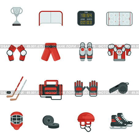 Hockey Decorative Icon Set. Hockey attribution clothes equipment and accessories skates puck and putter flat color icon set isolated vector illustration. Стоковая иллюстрация, агентство Ingram Publishing / Фотобанк Лори