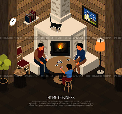 Home cosiness composition with family during playing cards near fire place isometric vector illustration. Стоковая иллюстрация, агентство Ingram Publishing / Фотобанк Лори