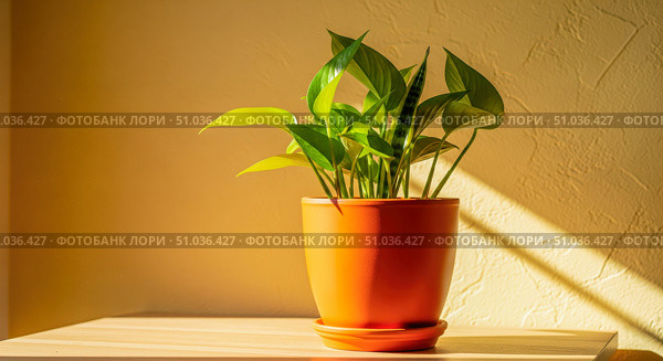 Home interior background showing green houseplant in sunlight, beautiful potted pothos plant on wooden table with sunbeam and shadow on yellow wall decor. Стоковое AI-изображение, AI-художник Павел Муравьев / Фотобанк Лори