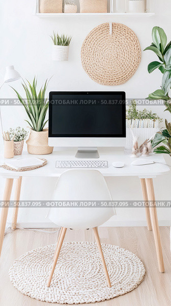 Home Office Interior: Minimalist Workplace, Desktop Computer, Elegant Chair, Plant, Interior workspace, Work From Home, WFH. Стоковое AI-изображение, AI-художник Данила Большаков / Фотобанк Лори