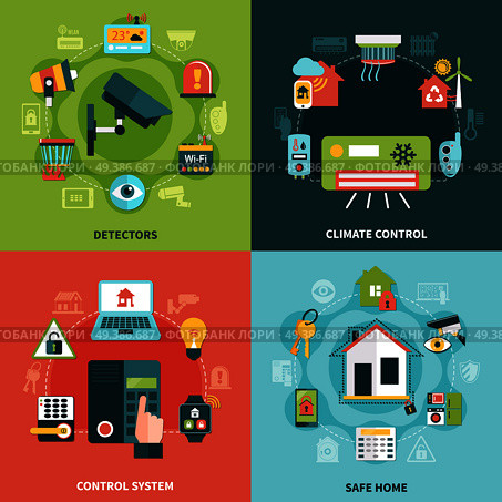 Home security flat design concept with climate control, monitoring system, detectors, safe property isolated vector illustration   . Home Security Design Concept. Стоковая иллюстрация, агентство Ingram Publishing / Фотобанк Лори