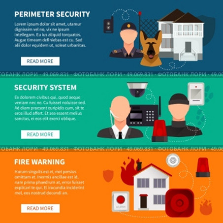 Home Security Horizontal Banners. Home security horizontal banners set of security electronic system fire warning and perimeter security flat vector illustration   . Стоковая иллюстрация, агентство Ingram Publishing / Фотобанк Лори