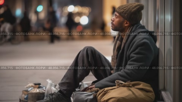 Homeless man sitting on sidewalk at night. Стоковое AI-видео, аниматор Юрий Поздников / Фотобанк Лори