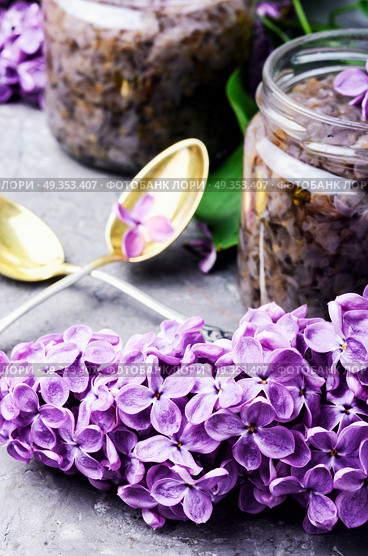 Homemade jam from the lilac. Unusual healing jam from the flowers of spring lilacs. Стоковое фото, агентство Ingram Publishing / Фотобанк Лори