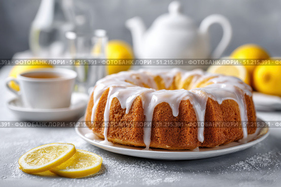 Homemade lemon drizzle cake with icing. Classic lemon pound cake with citrus glaze and zest. Whole round, side view, closeup. Fresh homemade baked dessert with lemon slices. Blurred tea set background. Стоковое AI-изображение, AI-художник Марина Демидюк / Фотобанк Лори