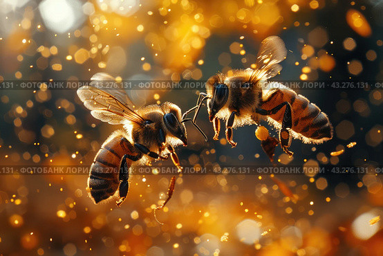 Honey Bee (Apis mellifera) pollinating apple blossoms. A bee collecting pollen and nectar from flower. Macro shot with selective focus. Стоковое AI-изображение, AI-художник Ирина Михайличенко / Фотобанк Лори