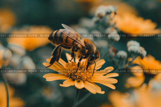 Honey bee pollinating yellow flower in summer meadow. Стоковое AI-изображение, AI-художник Иван Рябоконь / Фотобанк Лори