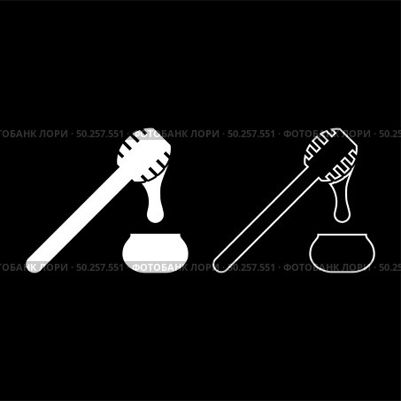 Honey drips from honey spoon into pot Stick with wooden and jar liquid nectar icon outline set white color vector illustration flat style simple image. Honey drips from honey spoon into pot Stick with wooden and jar liquid nectar icon outline set white color vector illustration flat style image. Стоковая иллюстрация, агентство Ingram Publishing / Фотобанк Лори