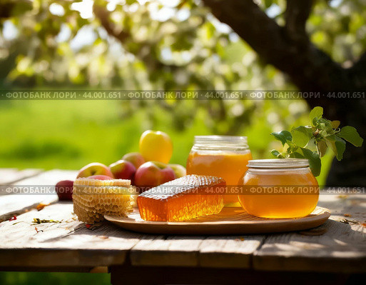 Honey, honeycombs on the table in the apple orchard. August 14 - Orthodox holiday Honey Savior. Стоковое AI-изображение, AI-художник Сергей Елизарьев / Фотобанк Лори
