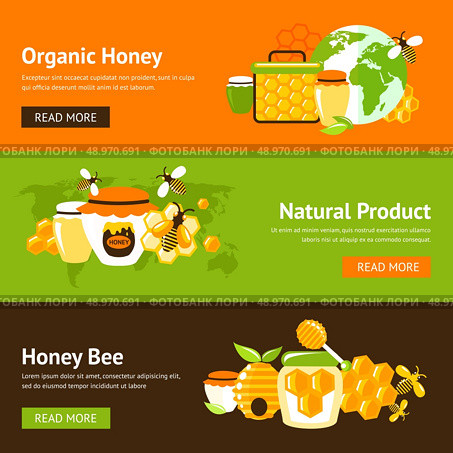 Honey organic natural product drop comb bee hive and cell food agriculture flat banner set isolated vector illustration. Стоковая иллюстрация, агентство Ingram Publishing / Фотобанк Лори