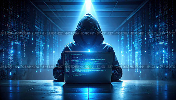 Hooded hacker in a dimly-lit digital environment symbolizing cybercrime, anonymity, data breaches, and the hidden dangers of the online world. Стоковое AI-изображение, AI-художник Igor Tichonow / Фотобанк Лори