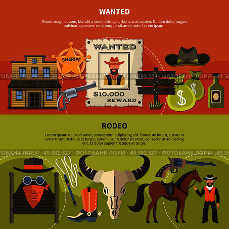 Horizontal banners with sheriffs attributes, wanted person poster with reward, cowboy accessories for rodeo isolated vector illustration. Sheriffs Attributes And Rodeo Banners. Стоковая иллюстрация, агентство Ingram Publishing / Фотобанк Лори