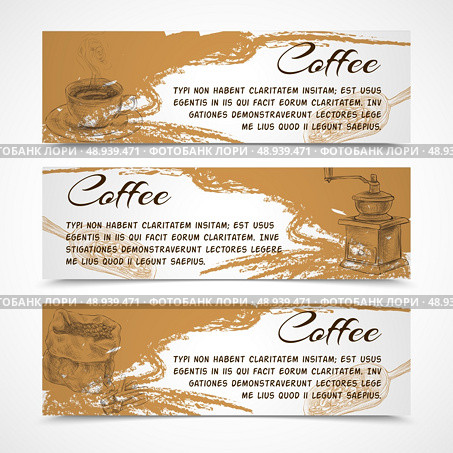 Horizontal retro black strong coffee aroma banners set with beans grinder and coffeepot doodle handdrawn vector illustration. Стоковая иллюстрация, агентство Ingram Publishing / Фотобанк Лори