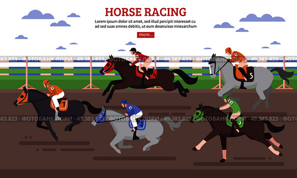 Horse racing on hippodrome scene with riders in gear at racehorses during competition flat vector illustration. Horse Racing Illustration. Стоковая иллюстрация, агентство Ingram Publishing / Фотобанк Лори