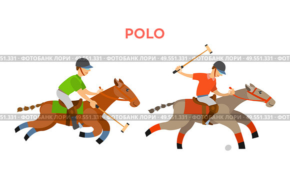 Horse riders playing polo vector, sportive game for players, riding males wearing uniform using sticks to hit small ball laying on ground isolated. Polo Sports, People with Helmets Riding Horses. Стоковая иллюстрация, агентство Ingram Publishing / Фотобанк Лори