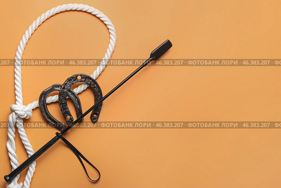 Horse riding crop with rope and horseshoes on color background. Стоковое фото, фотограф Pixel_shot / Фотобанк Лори