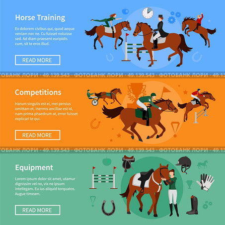 Horse Rising Sport Banners. Horse rising sport horizontal banners with elements of ammunition and riders employed in horse training and competitions vector illustration. Стоковая иллюстрация, агентство Ingram Publishing / Фотобанк Лори