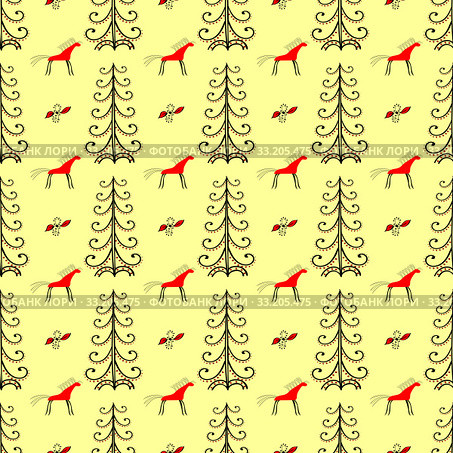 Horses in the forest amongst fir trees seamless pattern. Стоковое фото, фотограф Elena Kozyreva / Smarterpix / Фотобанк Лори