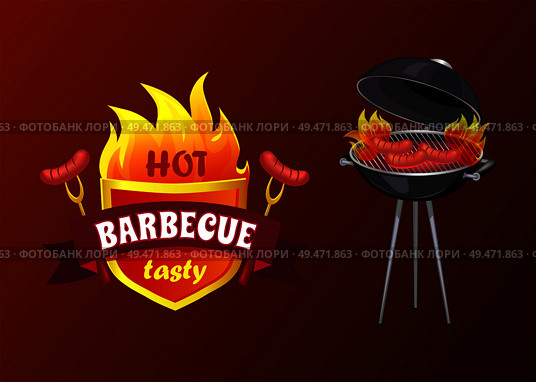 Hot barbecue party sausages isolated icons vector. Shield with forks and frankfurters. Frying pan and text sample, roaster with heat and fire set. Hot Barbecue Party Sausages Vector Illustration. Стоковая иллюстрация, агентство Ingram Publishing / Фотобанк Лори