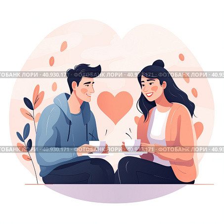 Hot drinks and the concept of love. A young loving smiling couple, a man and a woman, are sitting holding cups of hot tea or coffee in their hands. Generated by AI. Стоковое AI-изображение, AI-художник Ярославский Максим / Фотобанк Лори
