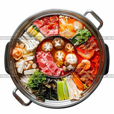 Hot pot divided in sections with various ingredients is ready for cooking. Стоковое AI-изображение, AI-художник Иван Рябоконь / Фотобанк Лори