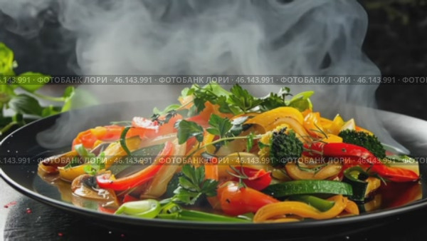 Hot steaming grilled vegetables, carrot, green bean, broccoli, pepper. Serving a white plate on wooden table desk, black wall background. Boiled food healthy meal concept. Ratatouille with smoke steam. Стоковое AI-видео, аниматор Марина Демидюк / Фотобанк Лори