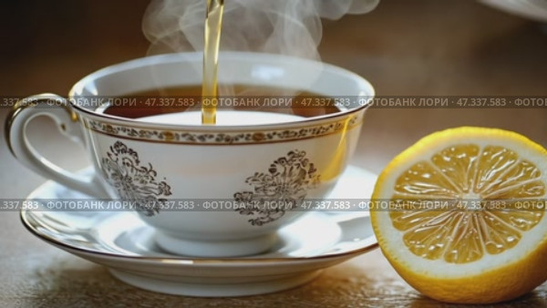 Hot tea being poured into elegant china cup with lemon. Стоковое AI-видео, аниматор Юрий Поздников / Фотобанк Лори