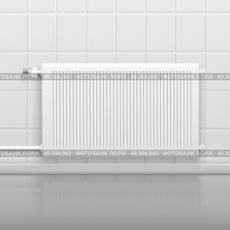Hot Water Radiator Realistic Image . Hor water radiator heating with temperature control knob on tiled wall side view realistic image vector illustration . Стоковая иллюстрация, агентство Ingram Publishing / Фотобанк Лори